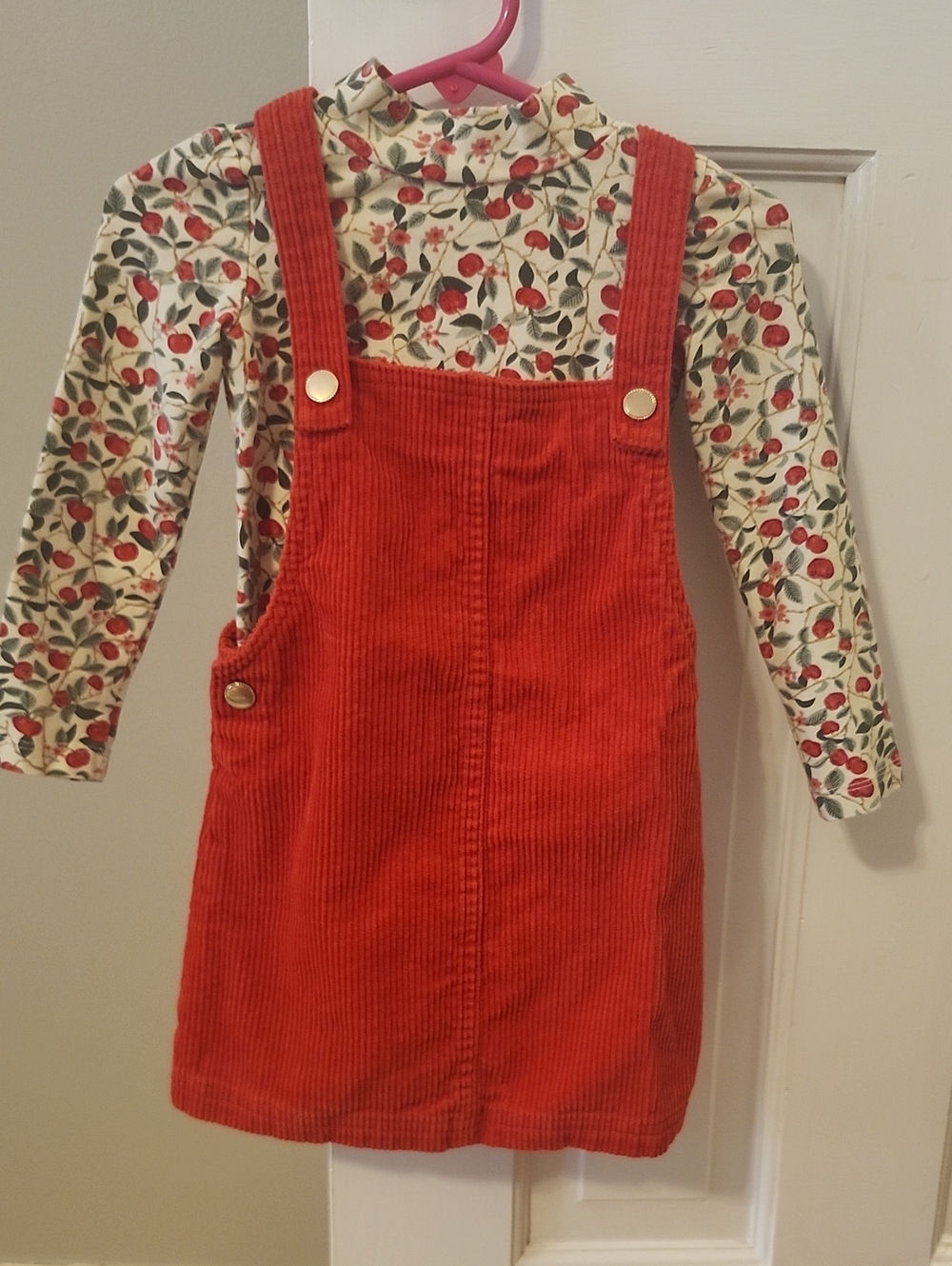 Isaac Mizrahi Red Corduroy Pinafore Dress with Berry Print Top (Size 2T)